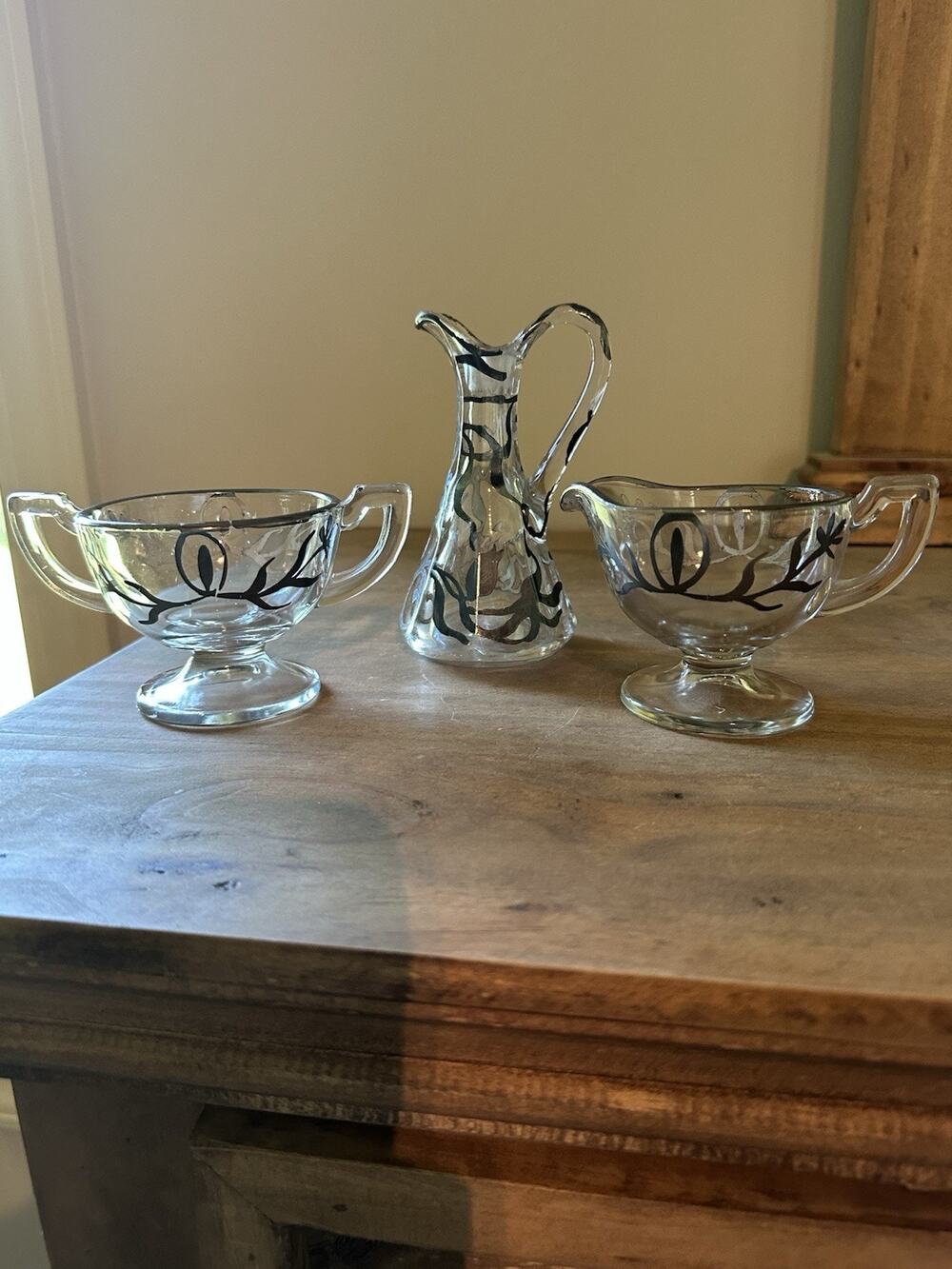 Vintage Art Nouveau Glass W/Silver Overlay 3 PC Sugar, Creamer, And Cruet Set
